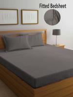 FABINALIV Beige Striped 300 TC Cotton Blend Super King Size Fitted Double Bedsheet with 2 Pillow Covers (FLEBS-2036-Beige)