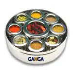 Gangametal 9 In 1 Spice Box Stainless Steel | Masala Dabba Steel Masala Box For Kitchen Steel | See Through Lid 9 Containers (Silver)