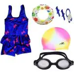 The Morning Play Girls Blue Printed Swimsuit, Ring Goggle Silicone Cap Earplug and Nose Plug Set (2 to 3 Years)