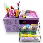 SAMVARDHAN Desk Storage Box - Table Pen Holder, Pen Holder for Table stylish, Pen holder for office, Desktop organizer, Stationery Organizer Box with DIY Stickers (Purple, Plastic)