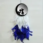 ColorSplash Half Moon With Beautiful Couple Dream Catcher For Car Hanging | Decor Decorative Showpiece - 35 cm (Feather, White, Blue)