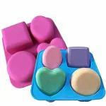 Inditradition 4 Cavity Silicon Soap Making Mould | 4 Shapes, Circle, Square, Oval and Heart (Random Colour)