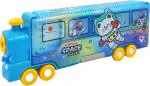 POKSI Train Shape Pencil Box with Space Theme | Sturdy movable Wheels | Toy Train Unicorn Pencil Box | Inbuilt sharpener Art Plastic Pencil Box l Set of 1 Blue