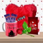 Midiron Romantic Gift Combo |Valentines Gift For Wife/Girlfriend/Boyfriend/Husband| Lovely Anniversary Chocolate Love Gift with Heart Red Cushion, Printed Ceramic Mug , Artificial Rose & Greeting Card
