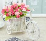 TIED RIBBONS Plastic Cycle Shape Flower Vase with Flower Bunch 10 x 22 cm, (Multicolor)