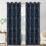 Urban Space Pure Blackout Curtains for Living Room, Gold Foil Printed Luxurious 100% Blackout Curtains Eyelet with Tieback, 1 Piece Pack, Vine Navy Blue (Long door 8ft x 4ft)