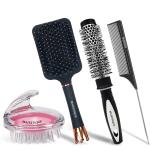 Majestique 4 Pcs Hair Care Set - Paddle, Blow Dry, Scalp Shampoo Massager with Tail Comb - Large Cushion for Long Thick Hair, Exclusive Crown Handle - Wet & Dry - Black Matte