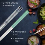 HICHAKI 2 Pairs Stainless Steel & Steel Grey Reusable Chopsticks for Noodles and Sushi (22 CM Long)