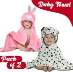 Pandaoriginals Pink Rabbit, White Polka Dog Cotton Bath Towels for Baby Boys and Girls (30 x 35 inch) Pack of 2