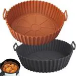 MOOZICO 2 Pcs Air Fryer Liners I Round Silicone Basket Baking Tray I Pot with Ear Handles I Nonstick Reusable Heat Resistant I Parchment Paper, Reusable Baking Tray Oven Accessories (MULTICOLOR)