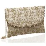 Kuber Industries Embroidery Golden Pearl Border Clutch|Hand Purse & Pearls Handle With Magnetic Lock For Woman,Girls (Cream)
