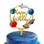 Festiko Happy Birthday Cake Topper For Outer Space Theme Birthday Party Decorations, Rocket Galaxy Planet Cake Toppers For Kids (Gold)