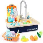 KTRS ENTERPRISE Plastic Play Sink with Running Water, Kids Play Kitchen Toy Sink Electronic Dishwasher, Pretend Role Play Kitchen Toy with Upgraded Working Faucet and Dishes Playset