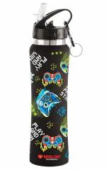 NIRLON Flip Bot Stainless Steel Rubber Finish Water Bottle with Straw Lid for Fridge, School,Gym,Home,Office,Boys, Girls, Kids, Leak Proof(UV Printed Bottle|Game On|Sipper Cap)