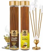 The Aroma Factory Organic Incense Sticks Oudh & White Woods, Honey & Amber (Herbal Agarbatti for Pooja) 0% Charcoal, 0% Sulphur, 2 x 100g Bottle