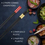 Hichaki 2 Pairs Plastic Gold & Dot Red Chopstick - Reusable Chop Sticks for Noodles Sushi | Hotpot Square | Lightweight | Dishwasher Safe