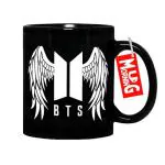 Mug Morning BTS Merch BTS Products for Girls BTS Accessories BTS Merchandise White Wings Logo On BTS Mug (Black)