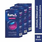 Funtime Condoms Combo Pack of 3 (10 Pcs Each) | Lubricated, Dotted Ribbed And Contoured Long Lasting Condoms for Men | Climax Control (Total 30pcs)