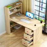 Kawachi Compact Computer Laptop Desk Study Table with 4 Shelves Storage Shelf 3 Drawers Beige