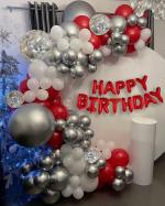 Hemito 1 Red Foil Happy Birthday Balloons + 51 pc premium Red,White and Silver Metallic Balloons + 5 Premium Silver Confetti Balloons with Glue Dot Arch and balloon hand pump for Kids boy Girl Adults 40th 50th 60th Theme Décor|Happy Birthday (Set of 60)