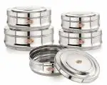 NIRLON Stainless Steel Flat Canisters/Puri Dabba/Storage Containers Set of 5, 600ML, 850ML, 1L, 1.4L, 2L, Silver
