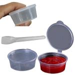 Aumni Crafts Small Polypropylene Plastic Containers With Spoon (Set of 100, Capacity 50 ML) 6x4.5x3 CM (2.25x1.75x1.2 Inch) Leak Proof With Lid For Ketchup Sauce Jam Cream