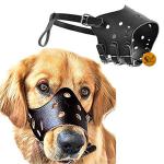 Sage Square Adjustable Strap Leather Muzzle with Breathable & DRINKABLE Holes Cum Mouth Cover Cum Pet Safety Collar for Dog, Puppy, Cat (Black) (Size: Large)
