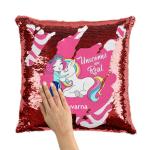 ASHVAH Pink and Red Satin Suvarna Name Unicorn Sequins Magic Cushion Cover with Filler 40 x 40 cm