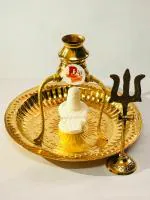DARIDRA BHANJAN - White Shivling with Shivalingam Stand Brass Pooja Thali /trishul | Shivling Stand / shivalingam stand / shivling kalash | Brass kalash loti Stand / Brass Trishul, Trident Damru with Stand | White Marble Shivling Fashionable Idols