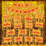 Zyozique Haldi Ceremony Decorations - Banner, Photo Booth Props, Foil Curtains & Rice Light (Pack of 19)
