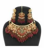 Bella Store Maroon Brass Handmade Necklace with Mangtika and Earrings