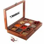 BHANSAZ Sheesham Wooden Masala Box Containers Kitchen Organizer Spice Jars with 2 Wood Spoons Thick Glass Top Handcrafted Spices Dabba (Sheesham Wood, Removable Partition, Brown) (Sheesham 12 Boxes)
