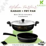 Kashvi Best Kitchen Induction Friendly, Gas Compatible Cookware Set: Non-Stick Cast Iron Frying Pan/Frypan omelette/Curry/Pizza & Kadai with Stainless Steel Lid| Dishwasher Safe (26cm Diameter 3.5L,26 cm, Capacity 1.5 Ltr.Cast Iron, 2.9mm Thickness)