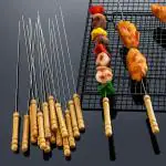 KATHIYAWADI Skewer Sticks for Barbecue Grilled Foods- 22 CM long Steel Rods with Wooden Handle for Easy Making Chicken Tandoor, Paneer Tikkas, Seekh Kabab Etc.- 12 Pc of set Silver