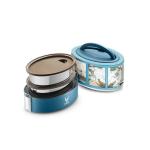 VAYA TYFFYN Stories Blue Oval Shape Polished Stainless Steel Lunch Box with 2-Containers for Kids Without Bagmat, 600 ml
