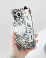 TREEMODA Luxury Floral Design Christian Dior White Case With Wristband for iPhone 13.