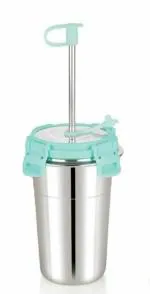 PORQUEPINE Stainless Steel Tumbler with Silicon Aperture Steel Lid Leak Proof Set of 1 pcs with 1 Straws 1 Brush Glass Tumbler Steel lid Steel Glass with Lid Capacity(400ml * 1 pcs)