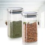 Borosil Classic Square Glass Jar, Air-Tight Storage Container for Kitchen, Glass Jar for Storing Spices, Dals, Grains, Rice, Set of 2 (1.4 L each), Clear