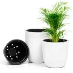 Livzing 11 Inch Self Watering Flower Pot - Virgin Round Plastic Planter with Drainage Holes - Gamla Planter Pots - Modern Decorative Flower Pots for Indoor- Outdoor-White(Pack of 3)