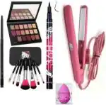 KA CAYLA Beauzy Rose eyeshadow palette+Mini Hair Straightener+36h pen eyeliner+washable puff+makeup brush set+kajal face makeup combo kit (6 Items in the set)