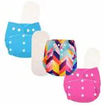 Deedry Oeko-Tex Certified Washable & Reusable Diapers with Adjustable Snap Buttons (One Size Perfect Fit), comes with Absorbent Inserts/Pads- (3Months- 3Years) (2 Solid + 1 Rainbow Print)