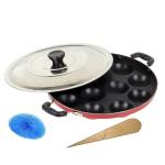 Kd Zone Red Aluminium 12 Cavities Non Stick Appam Patra With Lid And Side Handle