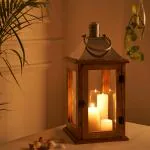 DecorTwist San Diego Natural Wood Candle Lantern With Stainless Steel Silver Metal