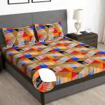 Story@Home 180 TC Microfiber 1 Queen Size Fitted Bedsheet with 2 Pillow Covers Geometric Pattern, Multicolor