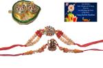 Kavim Thread RAKHI 23208 Gold Finish Rakhi Set (Metal Shiv ling and Ganesh Ji 2 set Rakhi with 10 cm plate Greeting Card)