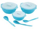 Craftbin Serving Bowls Set with Lid & Spoons for Rice Curry Serveware Set, Microwave Safe Plastic Serving Bowl (Blue, Pack of 3)