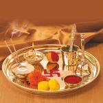 Borosil Brass Puja Thali Set | Aarti Thali for Mandir | Pooja Thali with Diya, Aggarbati Stand, Spoon, Glass, Bowl, and Bell | Decorative Puja Plate | Om Embossed Thali