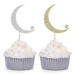 Festiko 20 Pieces Twinkle Twinkle Little Star Cupcake Toppers Decoration Star And Moon Picks, Silver And Gold Ramadan