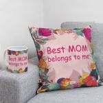 Indigifts Special Gift for Mom Mothers Day Birthday Anniversary Best Mom Belongs to Me Light Pink Floral Printed Small Cushion 12X12 with Filler and Best Quality Ceramic Mug Everyday Home Décor