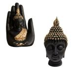 Craftomanic Combo Of Palm Buddha Statue Face On Hand Showpiece & Buddha Head Face For Feng Shui Or Vastu/Hand Buddha Idol Buddha Statue For Home Decor (Black Golden)